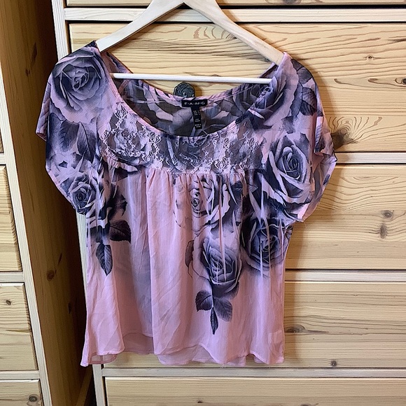 FANG Tops - FANG Sheer Pink Floral Top Lace Size Large
